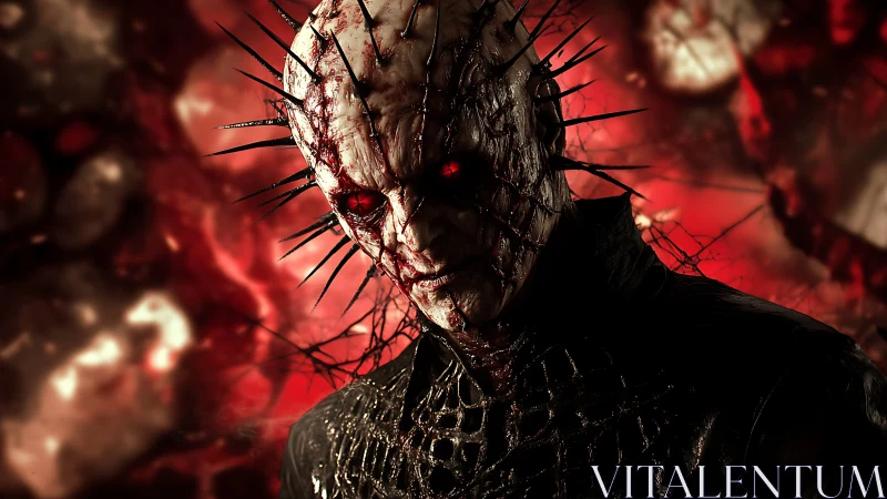 Spiked demonic figure emerges from blood-red infernal haze