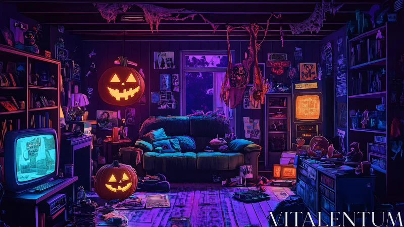 Neon lit Halloween den with retro monitors and horror props.
