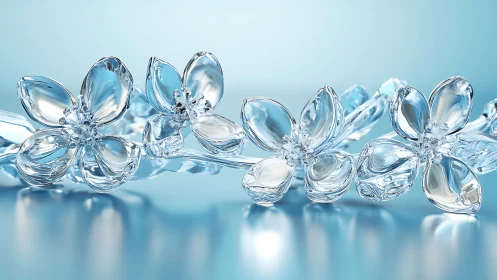 Transparent glasslike floral forms rest on reflective surface