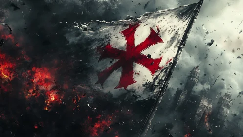 Battle-scarred crimson banner rises through storm and fire