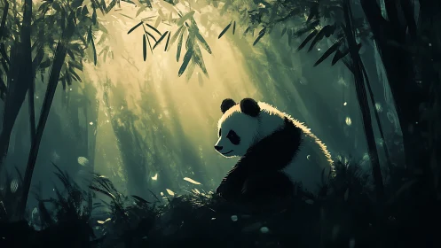 Solitary panda rests in dappled light within dense bamboo
