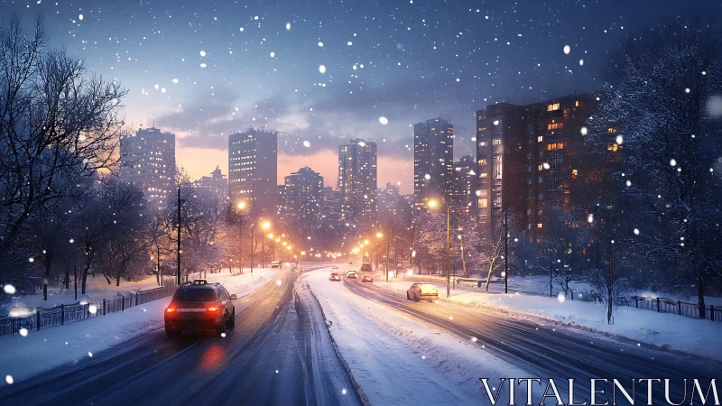 Snowy city avenue glows warmly under a tranquil dusk sky