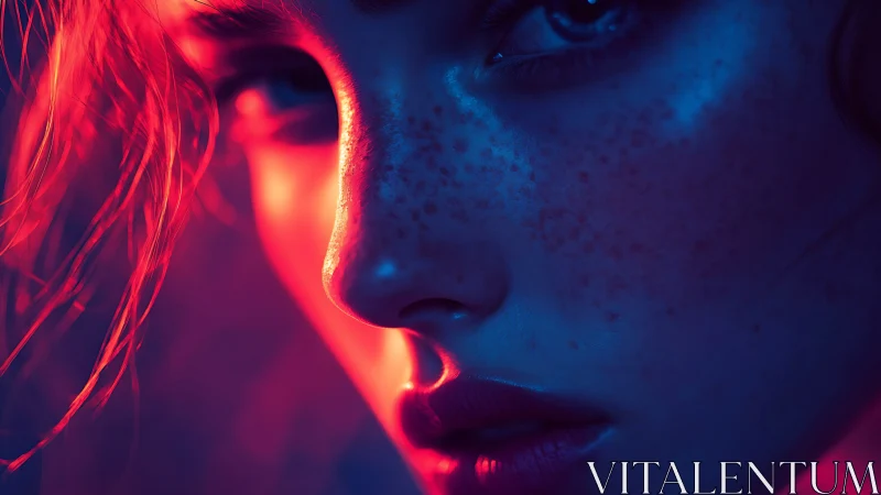 Close-up portrait in contrasting red and blue neon light.
