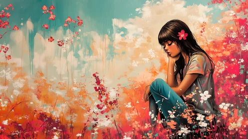 Quiet daydream girl in a wildflower storm of vivid color.