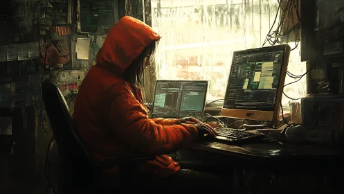 Hooded coder at twin screens in a moody urban workspace.