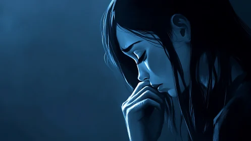 Melancholic woman in blue light pauses in quiet reflection