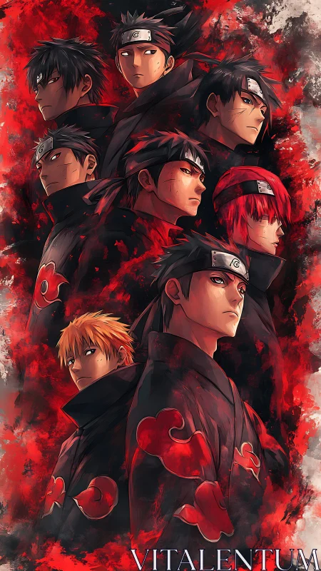 Multiple anime ninjas in black cloaks on red abstract field.