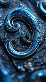Chromed blue filigree swirl forms luminous abstract crest