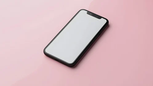 Modern smartphone with blank screen on pastel pink background.