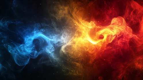 Blue and Orange Energy Collision Against Black Space.