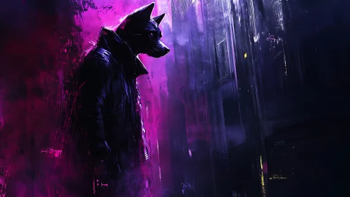 Anthropomorphic canine detective in neon-soaked cyber alleyway