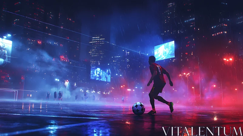 Cyberpunk night street football in neon rain-soaked megacity
