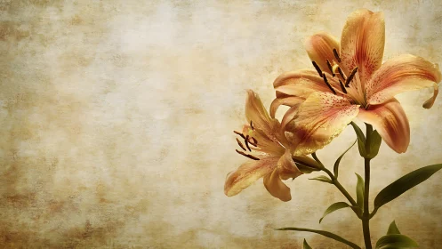 Amber Lilies Against Textured Beige Background with Aged Patina