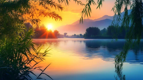 Calm lakeside sunrise framed by trees and distant hills.