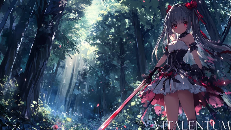 Anime forest swordswoman in dramatic backlit composition.