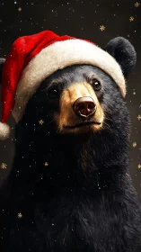 Upright black bear in Santa hat under stylized snowfall.