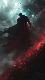 Silhouetted figure stands with sword amid smoke and embers