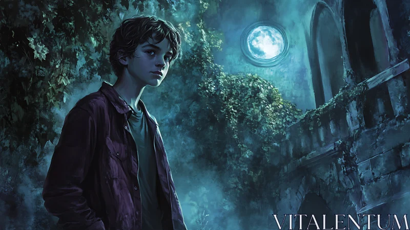 Moonlit boy wandering through ivy-choked ruined courtyard.