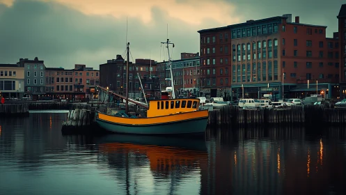 Yellow fishing boat rests quietly in a misty urban harbor.