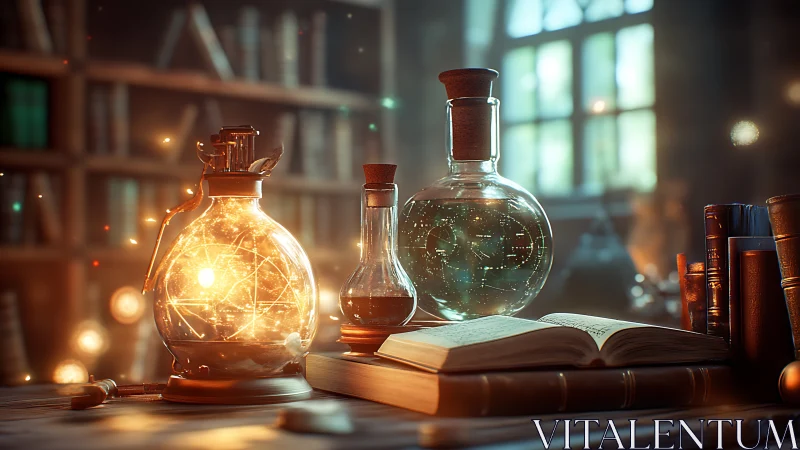 Spellbound alchemy desk glowing with bottled constellations.