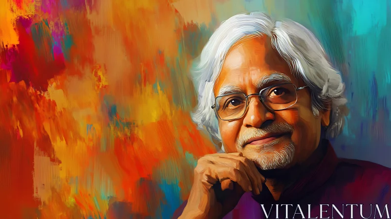 Warm portrait of a thoughtful elder in vivid color swirl.