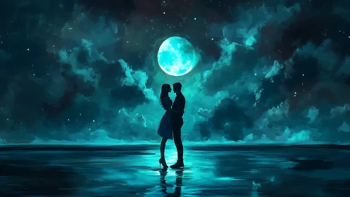 Lovers Beneath Celestial Glow. Moonlit Romance Among Clouds.