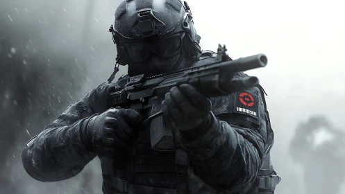Tactical operative in wet combat gear with shotgun poised.