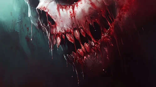 Blood-soaked skeletal visage in dark abstract atmosphere.