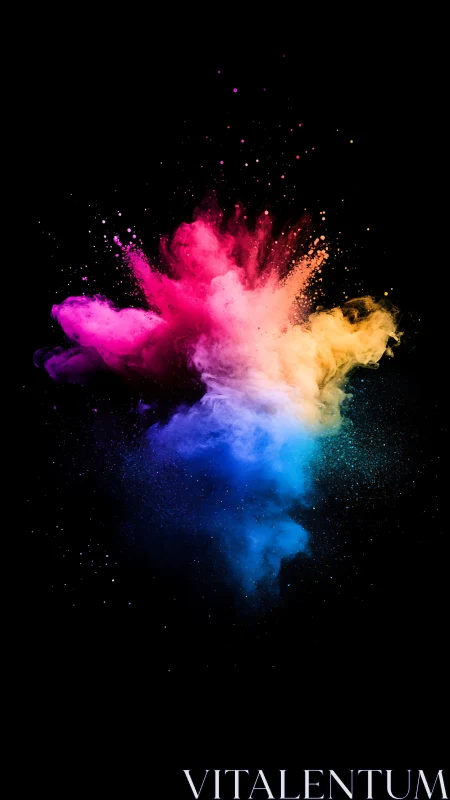Colorful powder cloud explodes against deep black void.