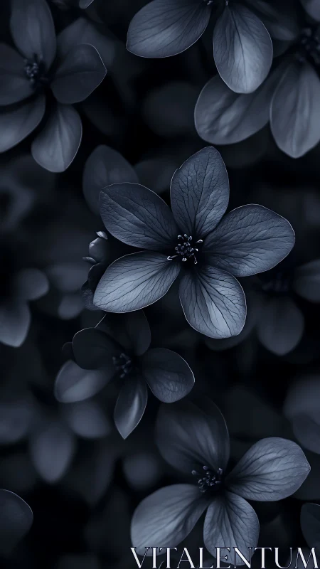 Monochromatic Floral Study: Delicate Five-Petaled Blooms in Deep Shadows.
