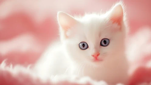 White Felid Portrait with Lavender Irises Against Diffused Gradient.