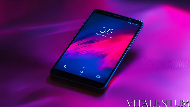 Modern Smartphone with Neon Glow on Vibrant Purple Surface.