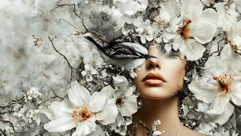 Floral surreal portrait integrates avian form with fragmented petals