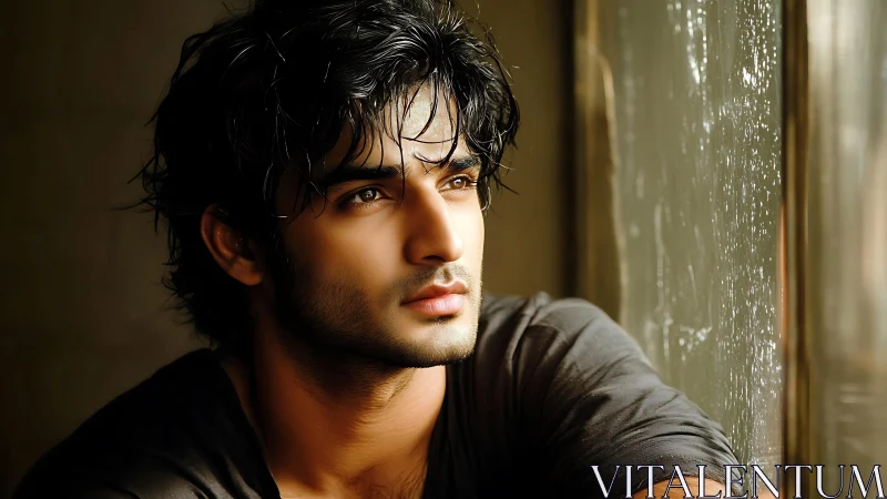 Young man near wet window in soft directional lighting.