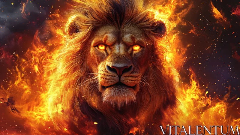 Lion of living fire gazing through swirling night flames.