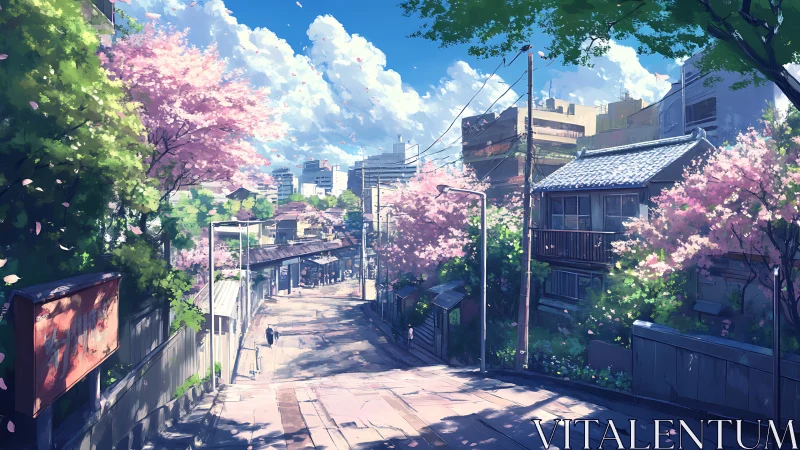 Sunlit sakura hillside street draped in pastel spring calm.