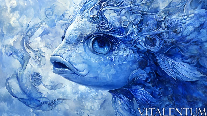 Surreal blue fish portrait with swirling aquatic forms.