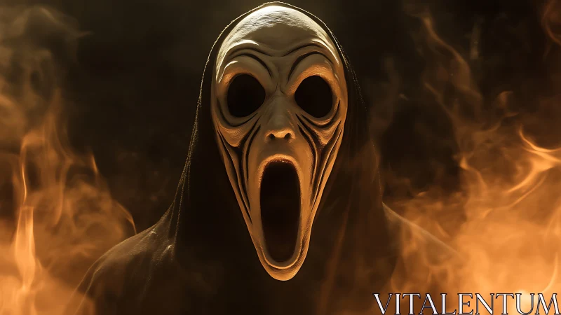 Shrieking wraith-mask rises from molten curls of shadowed fire.