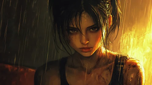 Fierce rainlit heroine standing steady in golden storm.