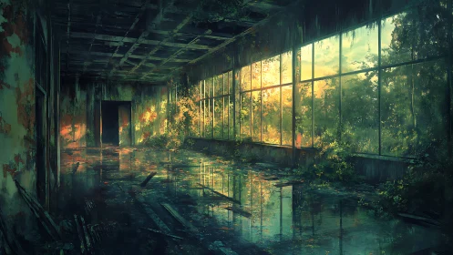 Sunlit overgrown corridor reveals nature reclaiming ruins