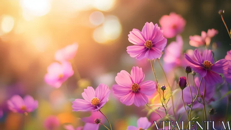 Cosmos Flowers Under Golden Hour Bokeh with Soft Focus Rendering