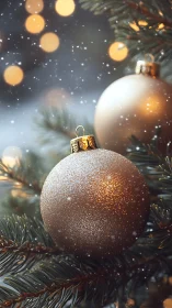 Golden Christmas ornaments amid softly falling snowflakes.