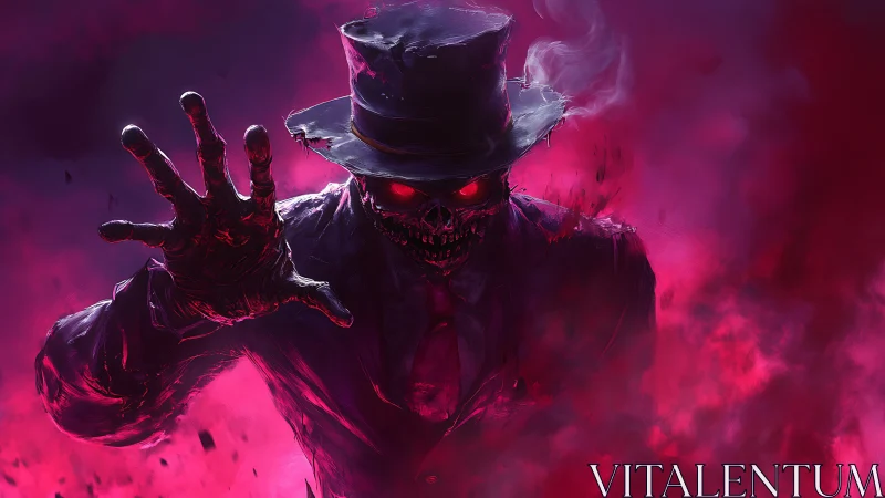 Digital painting of demonic gentleman in neon magenta haze.