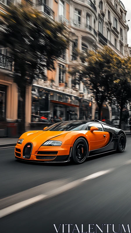 Orange supercar driving on city street with motion blur.