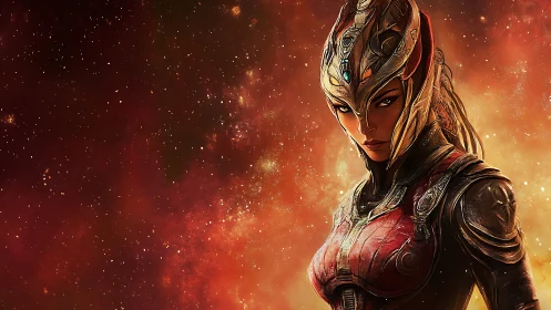 Armored space warrior stands against blazing nebula field