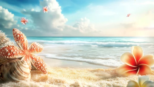 Digital painting of tropical starfish and flowers on beach.