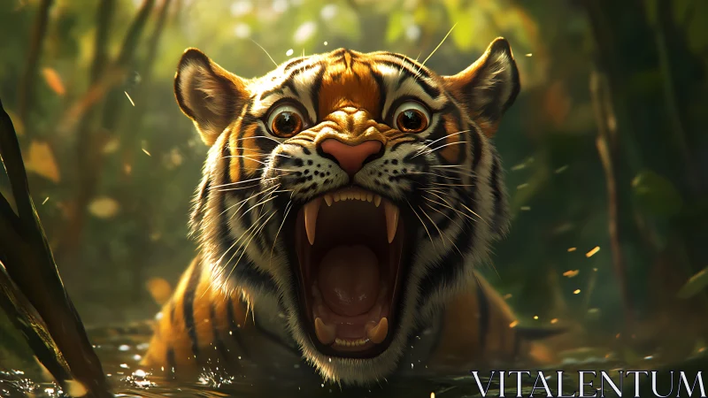 Roaring tiger in shallow jungle water rendered in hyperreal detail