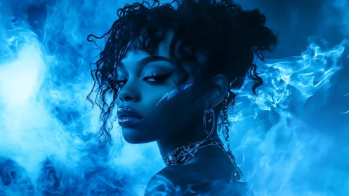 Electric blue portrait amid swirling neon smoke clouds.
