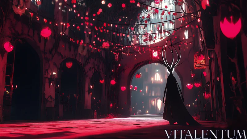 Lanternlit cathedral corridor with antlered shadow wanderer.