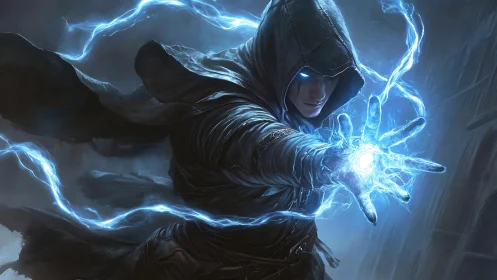 Hooded storm mage unleashes crackling blue arcane power.